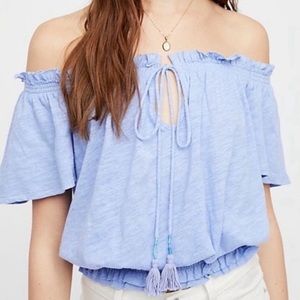Free People We The Free Linen Blue Hummingbird Smocked Tassel Top Size Xs